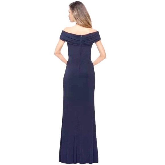 La Femme Off Shoulder Navy Blue Formal Gown - Picture 2 of 14